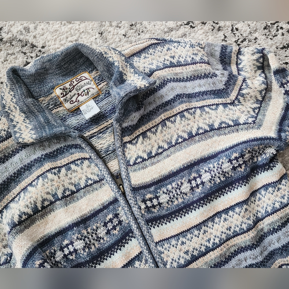 Vintage Y2k Heirloom Collectables Sweater 2002 Womens Size L Blue Cream Zipup